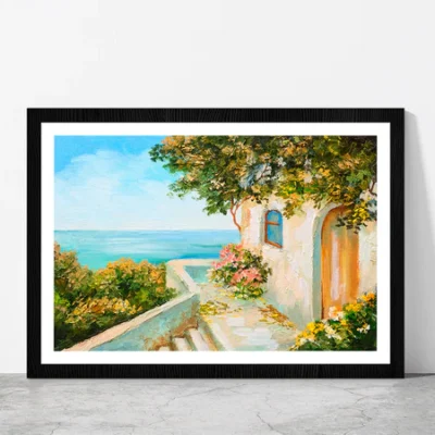 Summer Day House Near The Sea Glass Framed Wall Art, Ready to Hang Quality Print
