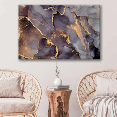 Bella Home Black Grey & Gold Fluid Abstract Print Canvas Ready to hang