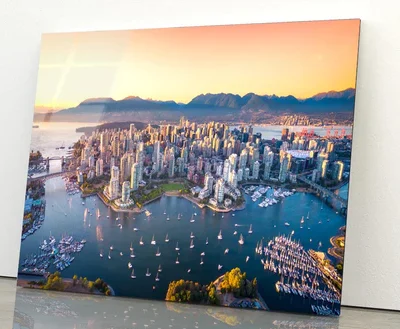 Beautiful Aerial View of Downtown Vancouver Skyline, British Columbia, Canada at Sunset Acrylic Glass Print Tempered Glass Wall Art 100% Made in Australia Ready to Hang