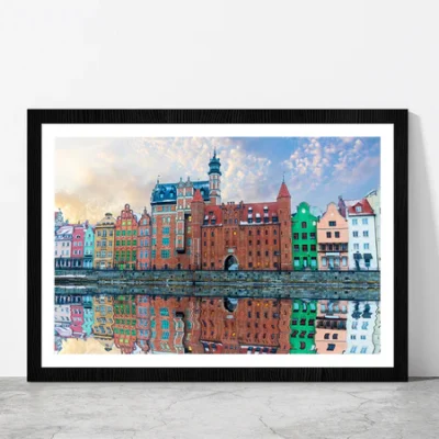 Colorful Buildings & Motlawa River Glass Framed Wall Art, Ready to Hang Quality Print