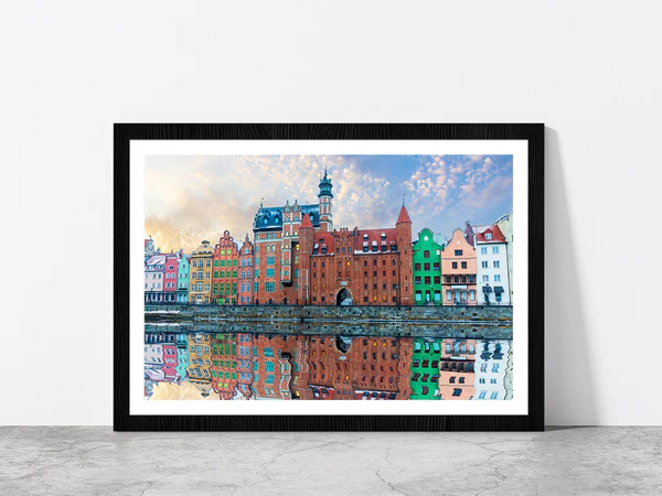 Colorful Buildings & Motlawa River Glass Framed Wall Art, Ready to Hang Quality Print