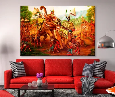 Military War Elephants Painting on Wall in The Temple. At Thailand Wall Art Decor 100% Australian Made