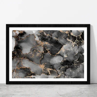 Alcohol Ink Grey & Gold Abstract Glass Framed Wall Art, Ready to Hang Quality Print