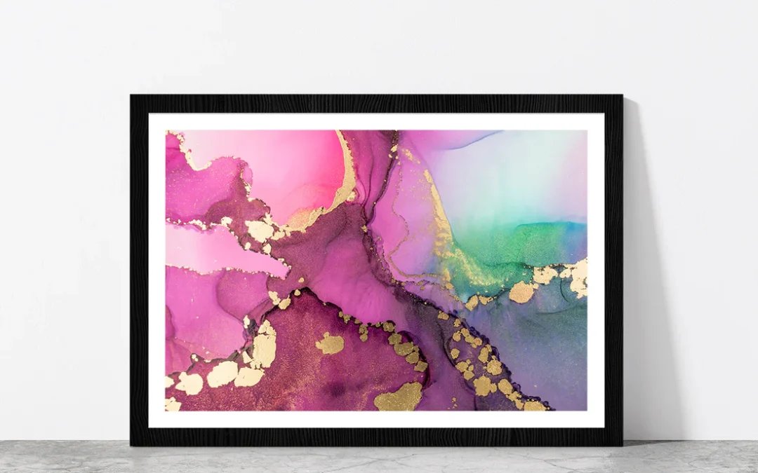 Pink & Gold Abstract Fluid Art Glass Framed Wall Art, Ready to Hang Quality Print