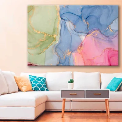 Bella Home Green Blue Pink & Gold Abstract Print Canvas Ready to hang
