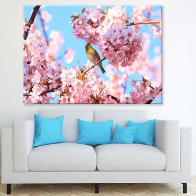 Bird on Pink Cherry Flower Tree View Photograph Print 100% Australian Made