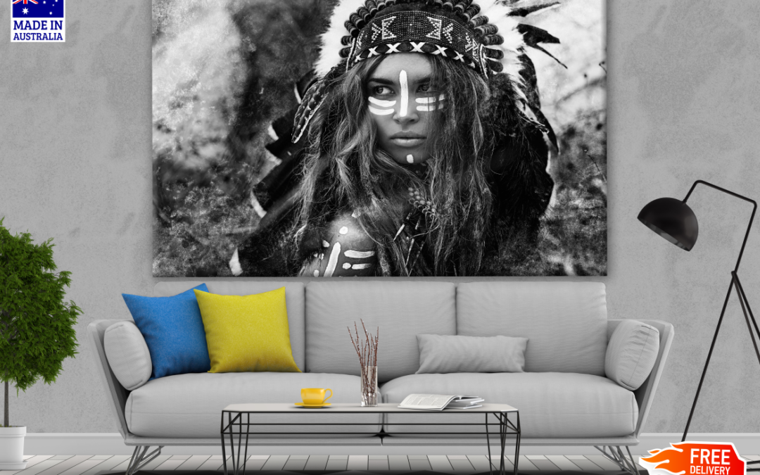 Warrior Girl with Feather Headdress B&W Photograph Print 100% Australian Made