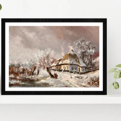 Rural Landscape Old Village, Old House In Winter Glass Framed Wall Art, Ready to Hang Quality Print