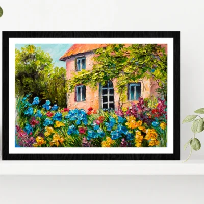 House In The Flower Garden Glass Framed Wall Art, Ready to Hang Quality Print