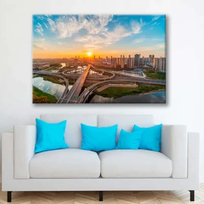 Bella Home Sunrise & Flyover of Urban Overpass Print Canvas Ready to hang