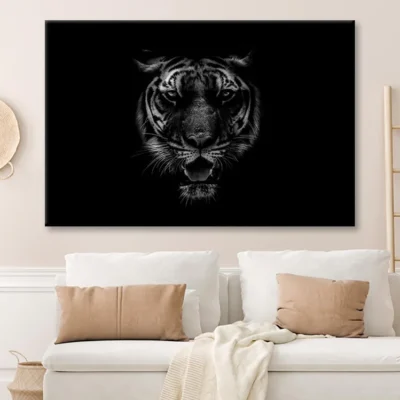 Black & White Beautiful Tiger on Black Wall Art Decor 100% Australian Made