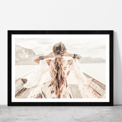 Fashion Girl in Boat Faded Photograph Glass Framed Wall Art, Ready to Hang Quality Print