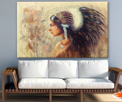 Young Indian Woman Wearing a Big Feather Headdress Painting Print 100% Australian Made