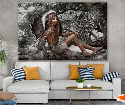 Young Indian Warrior With Feather Headdress Sitting on a Tree Branch Photograph Print 100% Australian Made
