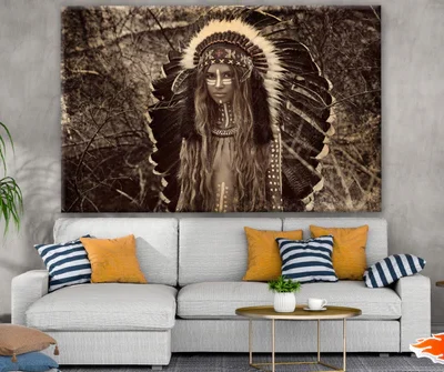 Young Indian Warrior With Feather Headdress Vintage Photograph Print 100% Australian Made