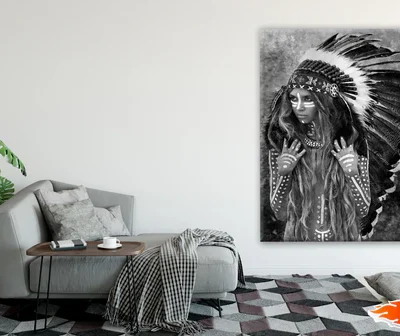 Young Indian Warrior With Feather Headdress Photograph B&W Print 100% Australian Made