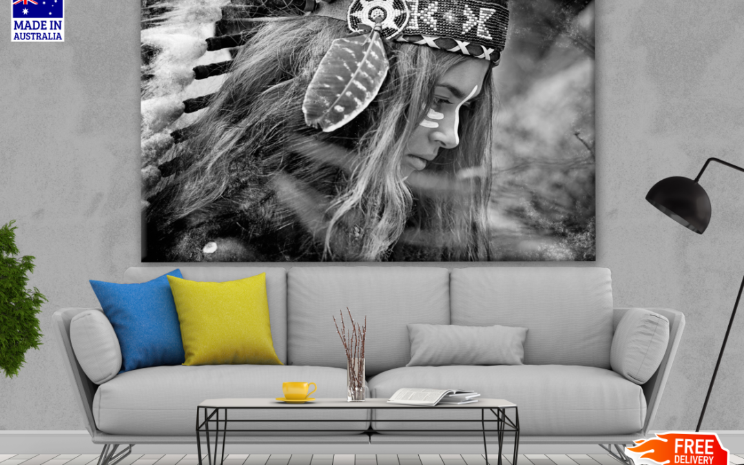 Young Indian Warrior Girl With Feather Headdress Portrait Photograph Print 100% Australian Made