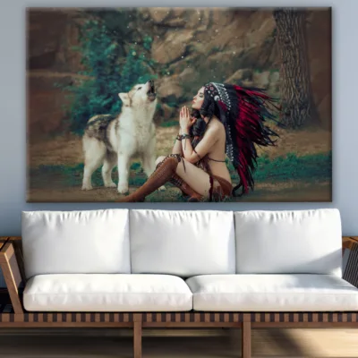 American Indian Worrior Woman Prays & a Wolf Howls Next to Her Photograph Print 100% Australian Made