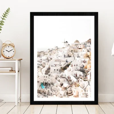 Sentorino Faded Houses View Photograph Glass Framed Wall Art, Ready to Hang Quality Print