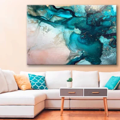 Bella Home Green Blue & Gold Fluid Abstract Print Canvas Ready to hang