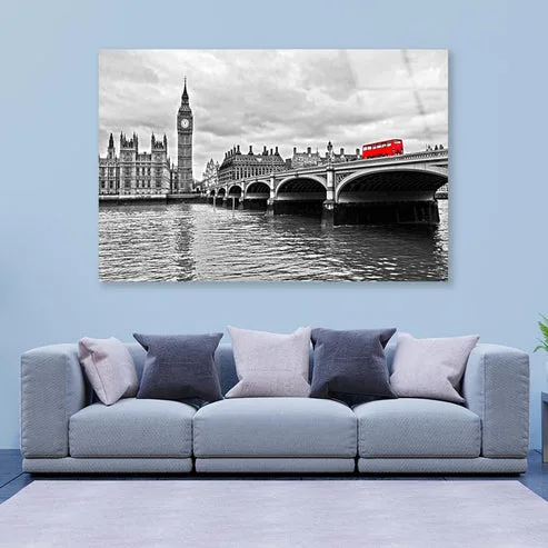 Red Bus on Westminster Bridge by The Houses of Parliament Acrylic Glass Print Tempered Glass Wall Art 100% Made in Australia Ready to Hang - Image 3