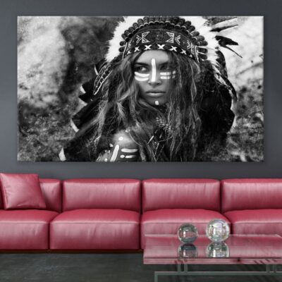 Headdress Native Lady Portrait Black & White Print 100% Australian Made