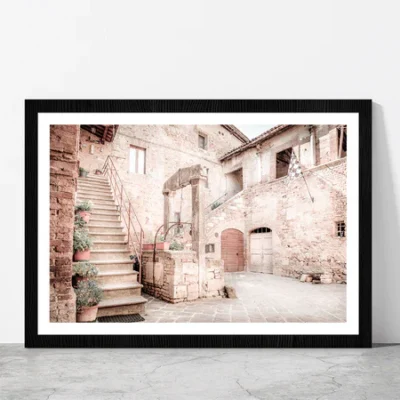 Antique Well San Quirico D'orcia Town Faded View Glass Framed Wall Art, Ready to Hang Quality Print