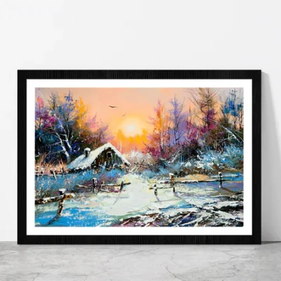 Rural Winter & Sunrise Landscape Painting Glass Framed Wall Art, Ready to Hang Quality Print