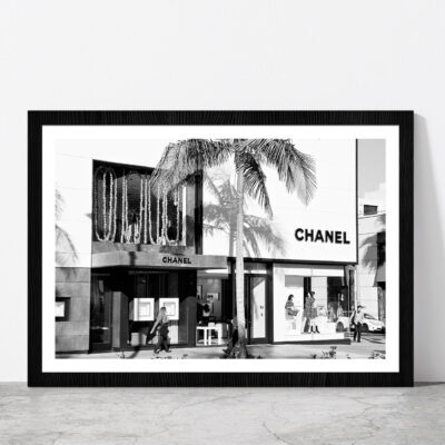 Palm Tree & People near Fashion Store Photograph Glass Framed Wall Art, Ready to Hang Quality Print