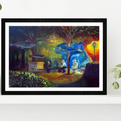 Three Old Men Sitting On A Bench & Fishes Floating On The Above Glass Framed Wall Art, Ready to Hang Quality Print