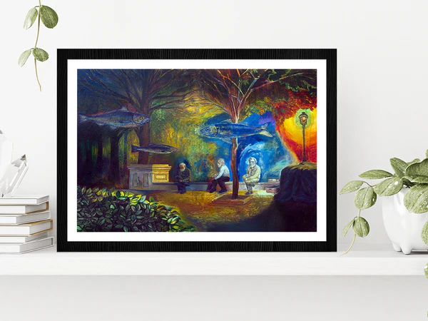 Three Old Men Sitting On A Bench & Fishes Floating On The Above Glass Framed Wall Art, Ready to Hang Quality Print
