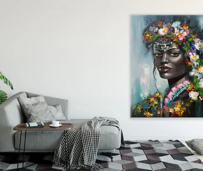 Black Women Floral Headdress Painting Print 100% Australian Made