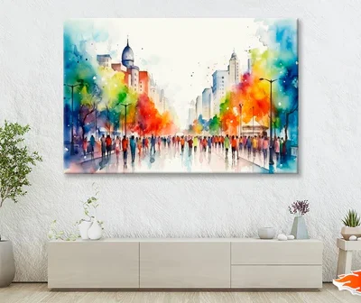 Jazzy, Lively, Colorful Water Color Painting of a Downtown City Wall Art Decor 100% Australian Made