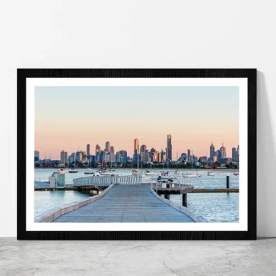 Melbourne City Skyline Sunrise Glass Framed Wall Art, Ready to Hang Quality Print