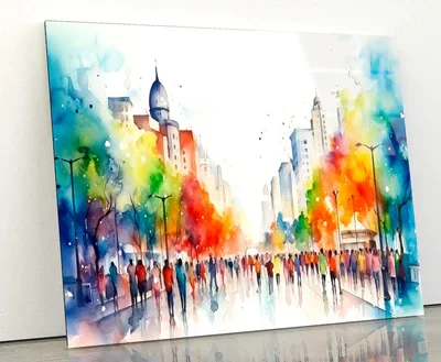 Jazzy, Lively, Colorful Water Color Painting of a Downtown City Acrylic Glass Print Tempered Glass Wall Art 100% Made in Australia Ready to Hang