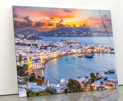 Embrace The Warm Hues of Sunset in Mykonos Town Chora Acrylic Glass Print Tempered Glass Wall Art 100% Made in Australia Ready to Hang