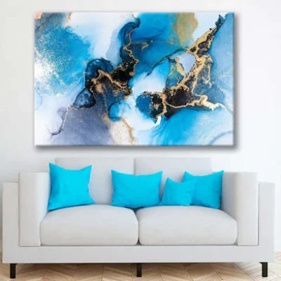 Bella Home Black Blue & Gold Ink Abstract Print Canvas Ready to hang