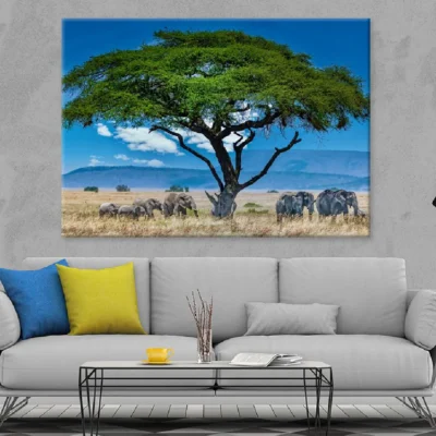 Group of Elephants Big Green Tree Photograph Print 100% Australian Made