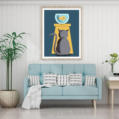 Fish & Cat Vector Art Design Home Decor Premium Quality Poster Print Choose Your Sizes