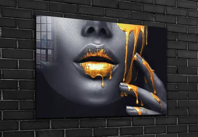 B&W Woman & Gold Lips Print Tempered Glass Wall Art 100% Made in Australia Ready to Hang