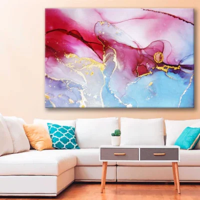 Bella Home Blue Pink & Gold Fluid Abstract Print Canvas Ready to hang