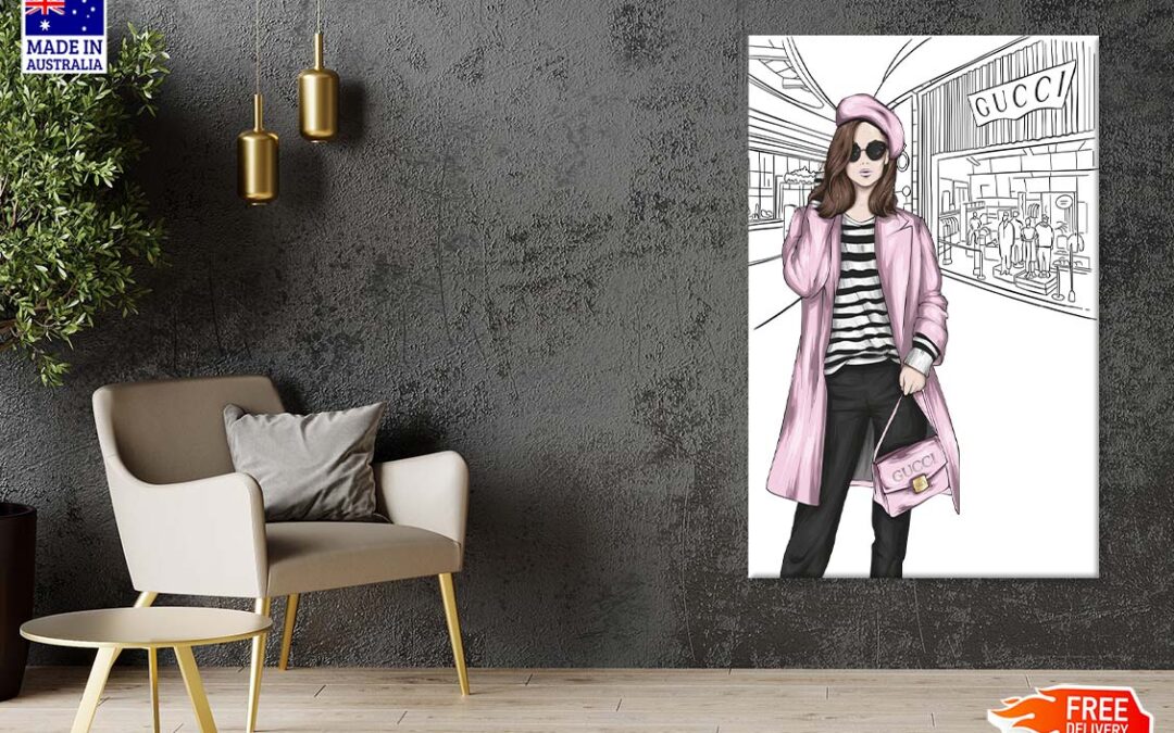 Pink Stylish Lady with Elegant Handbag Print 100% Australian Made