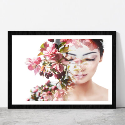 Girl With Flowers Show Nature Glass Framed Wall Art, Ready to Hang Quality Print