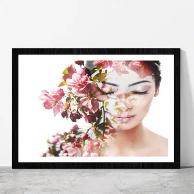 Girl With Flowers Show Nature Glass Framed Wall Art, Ready to Hang Quality Print