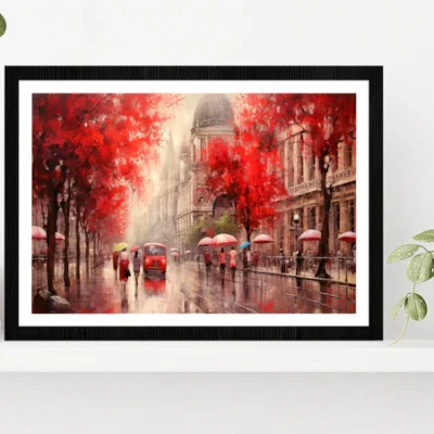 Street View Of Budapest, People Under A Red Umbrella & Tree, Night & Moon Glass Framed Wall Art, Ready to Hang Quality Print