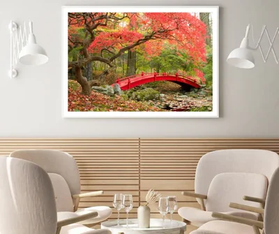 Red Bridge Over Pond in Forest Home Decor Premium Quality Poster Print Choose Your Sizes