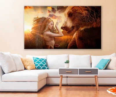 Native Girl With Headdress & Bear Sunset Print 100% Australian Made