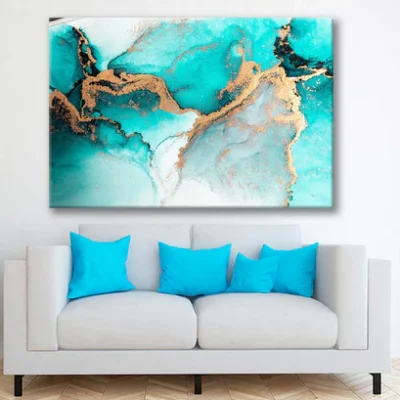 Bella Home Ocean Blue & Gold Marble Abstract Print Canvas Ready to hang
