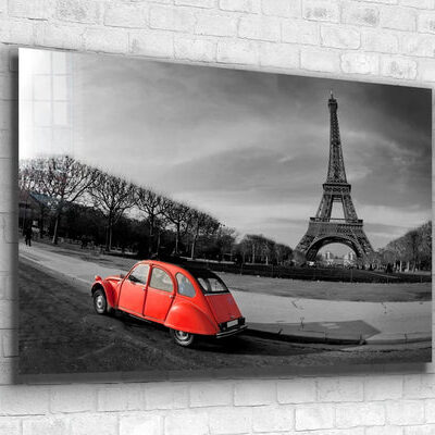 Red Car & Eiffel Tower Print Tempered Glass Wall Art 100% Made in Australia Ready to Hang