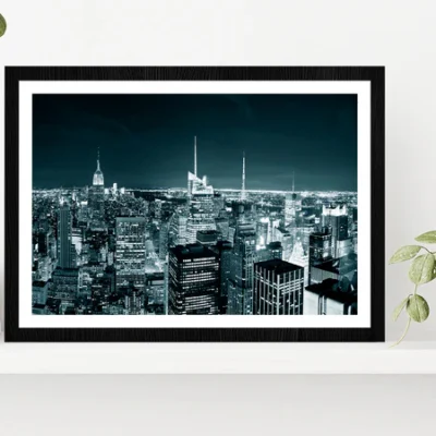New York City Manhattan Skyline At Night Glass Framed Wall Art, Ready to Hang Quality Print